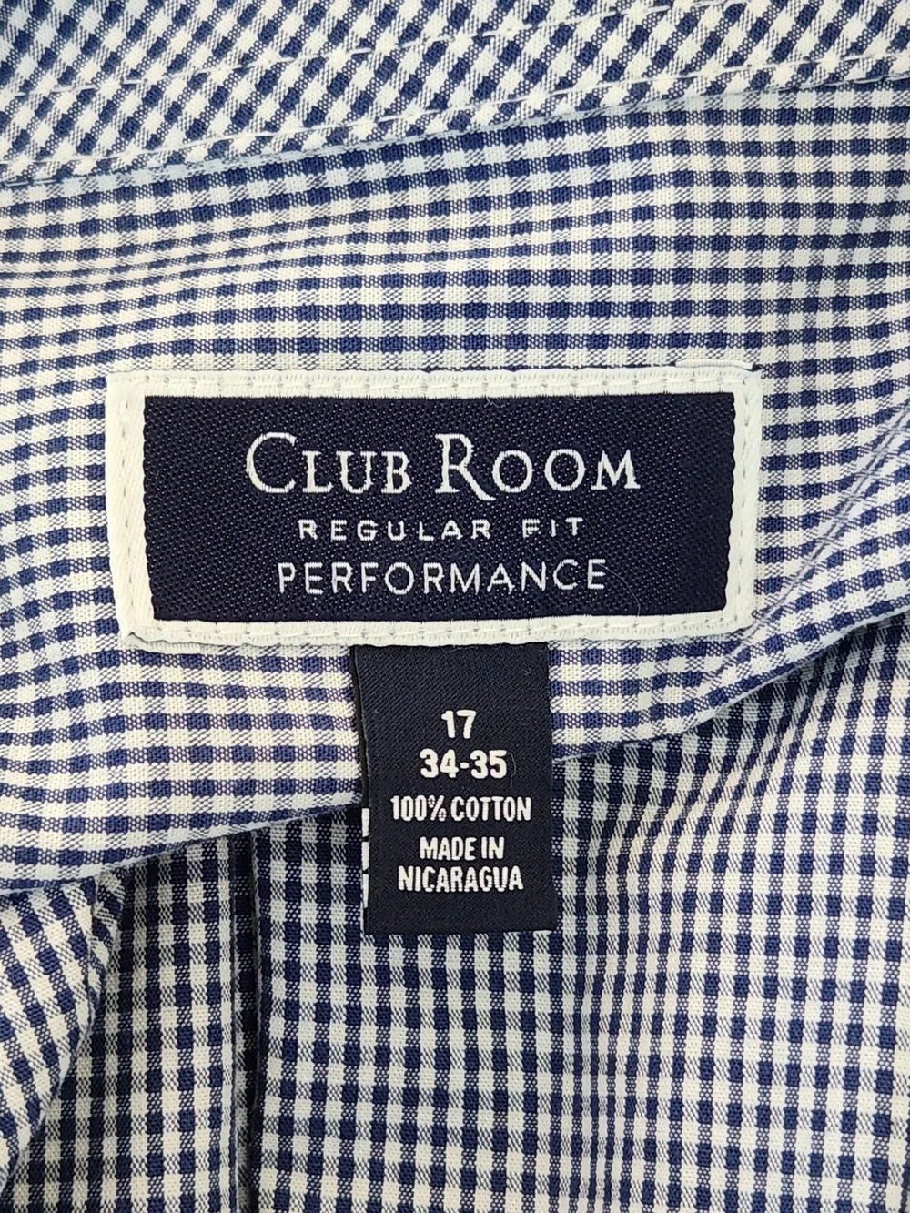 Club Room Navy and White Gingham Check Dress Shirt Size 17 34/35